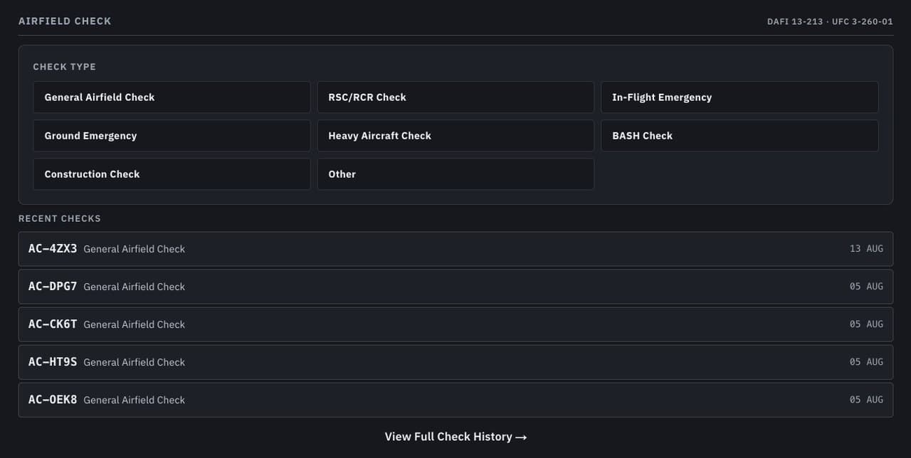 Starting an airfield check: eight check types from FOD Check to BASH and Construction, with recent checks and their dates below.