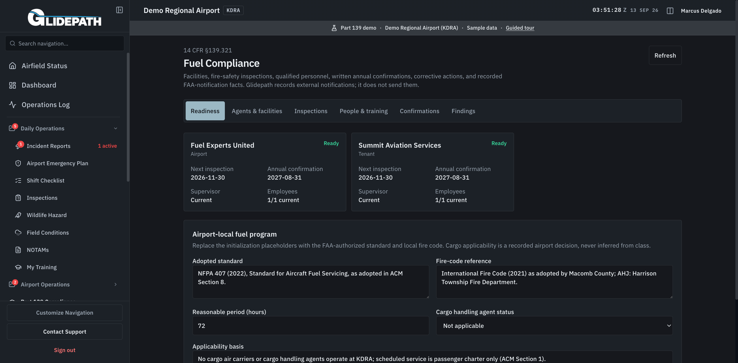 Fuel Compliance readiness for two demo fuel agents, with inspection dates, annual confirmations, supervisor and employee training, and the airport-local program.