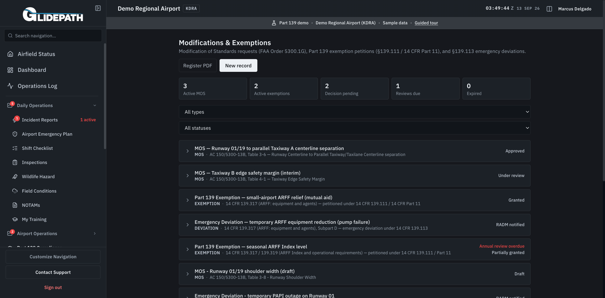 Modifications and Exemptions register with standards modifications, exemptions, and emergency deviations in their recorded states. Demo airport data.