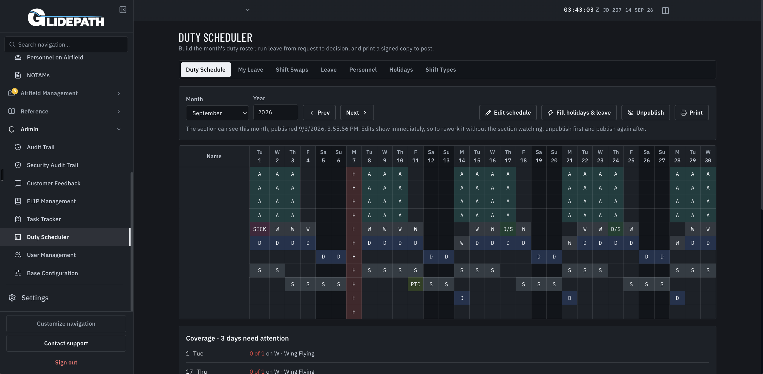 Military demo Duty Scheduler with a populated September roster, leave and shift tabs, and coverage warnings.