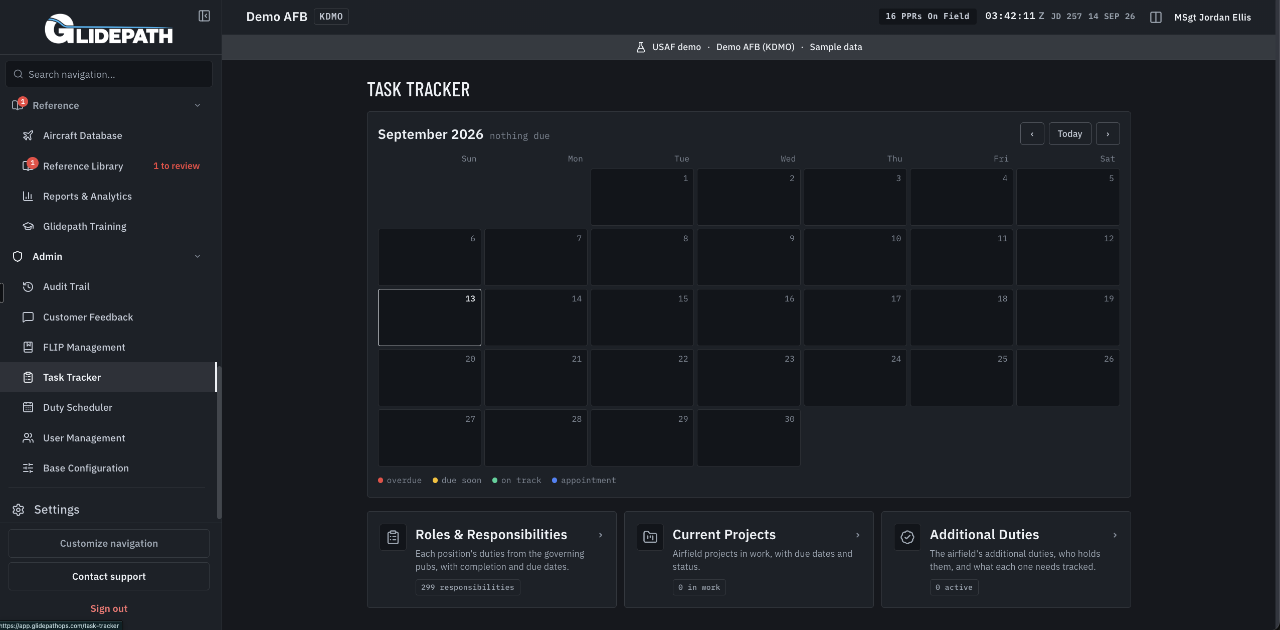 Military demo Task Tracker overview with an empty September calendar and entry points for responsibilities, projects, and additional duties.