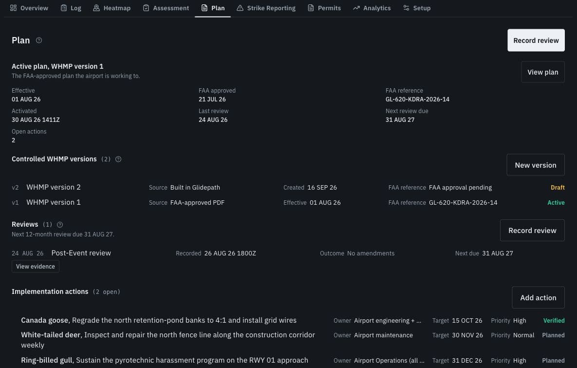 Actual civilian demo WHMP Plan tab with active and draft versions, recorded FAA approval, a post-event review, and implementation actions.