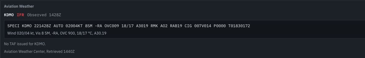 Aviation Weather on the military demo status board: KDMO METAR, IFR category, decoded conditions, retrieval time, and no TAF issued.