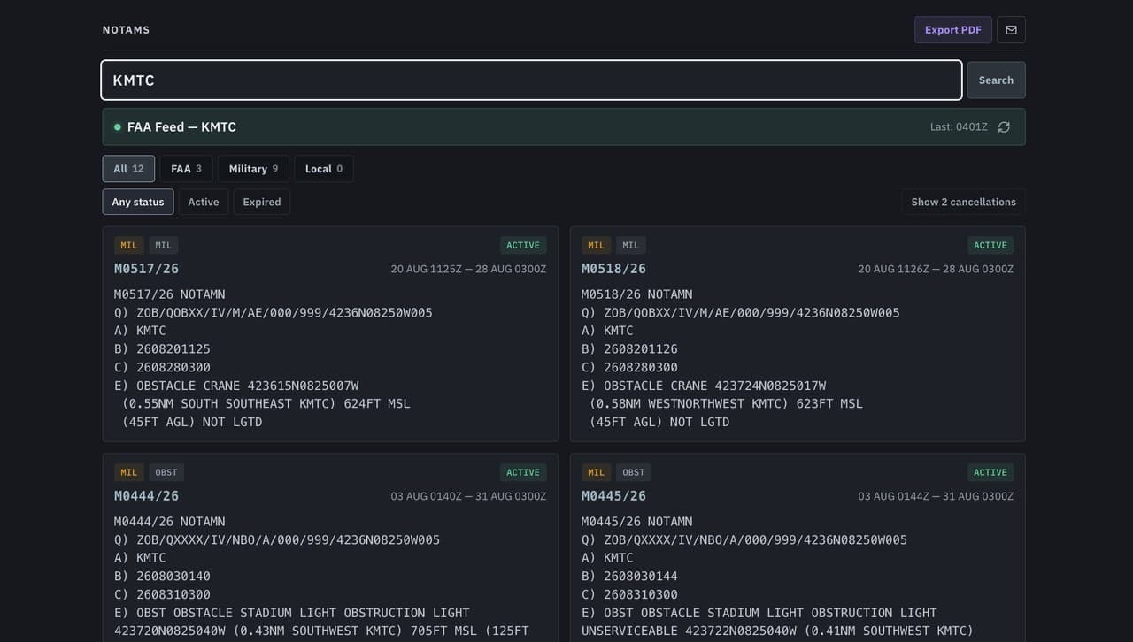 The NOTAM list reading the live FAA feed for a searched field: military and obstacle notices with their full text, type counts, and active and expired filters.