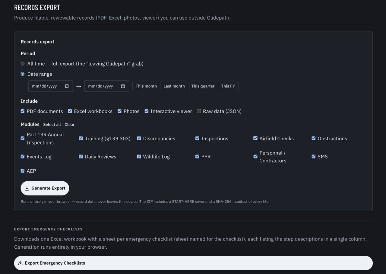 Records Export: period, formats, and modules selected for a browser-side export that ships with a manifest of every file.