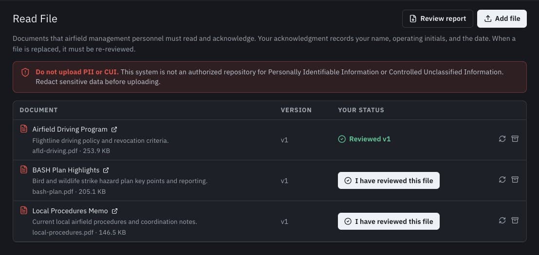 Read File: required reading with version tracking and one-click acknowledgment recording name, initials, and date.