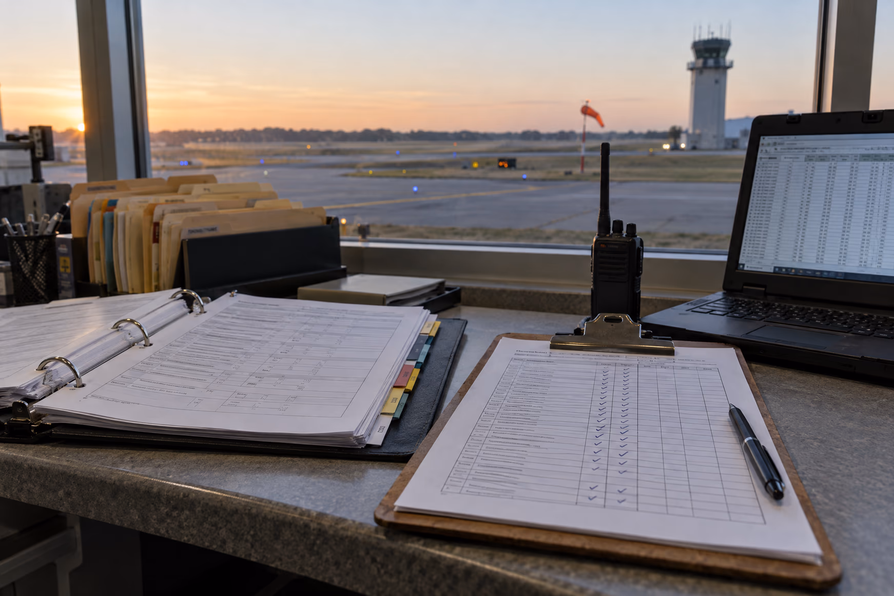An airport operations counter at dawn: an open inspection binder, a checklist on a clipboard, a handheld radio, and a laptop showing a spreadsheet, with a control tower and windsock through the window.