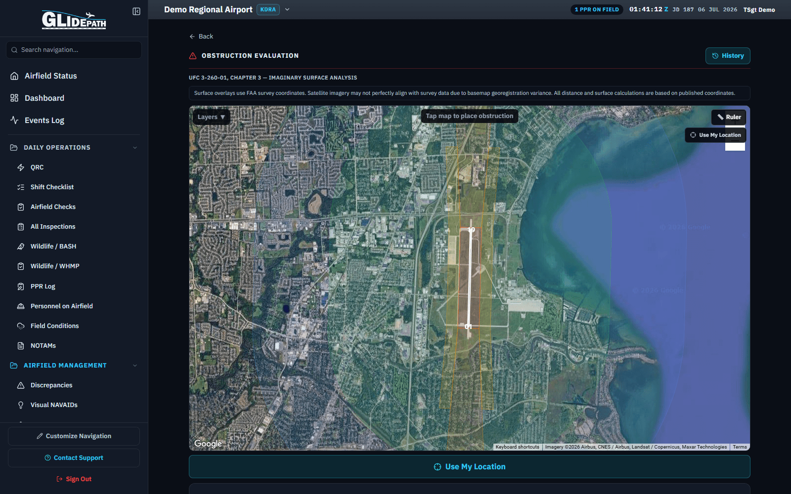 Obstruction evaluation map for a demo regional airport