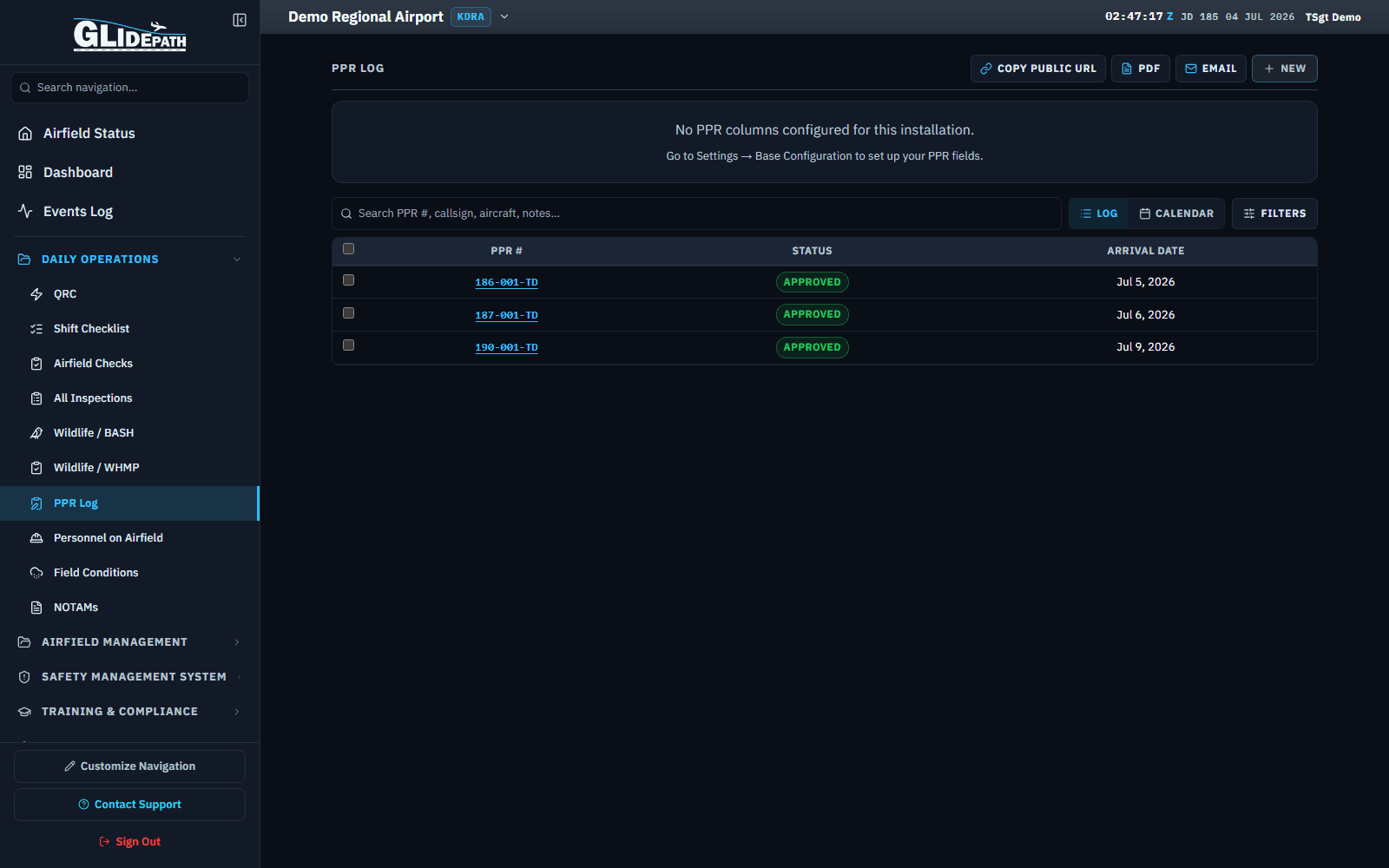 PPR log for a demo regional airport
