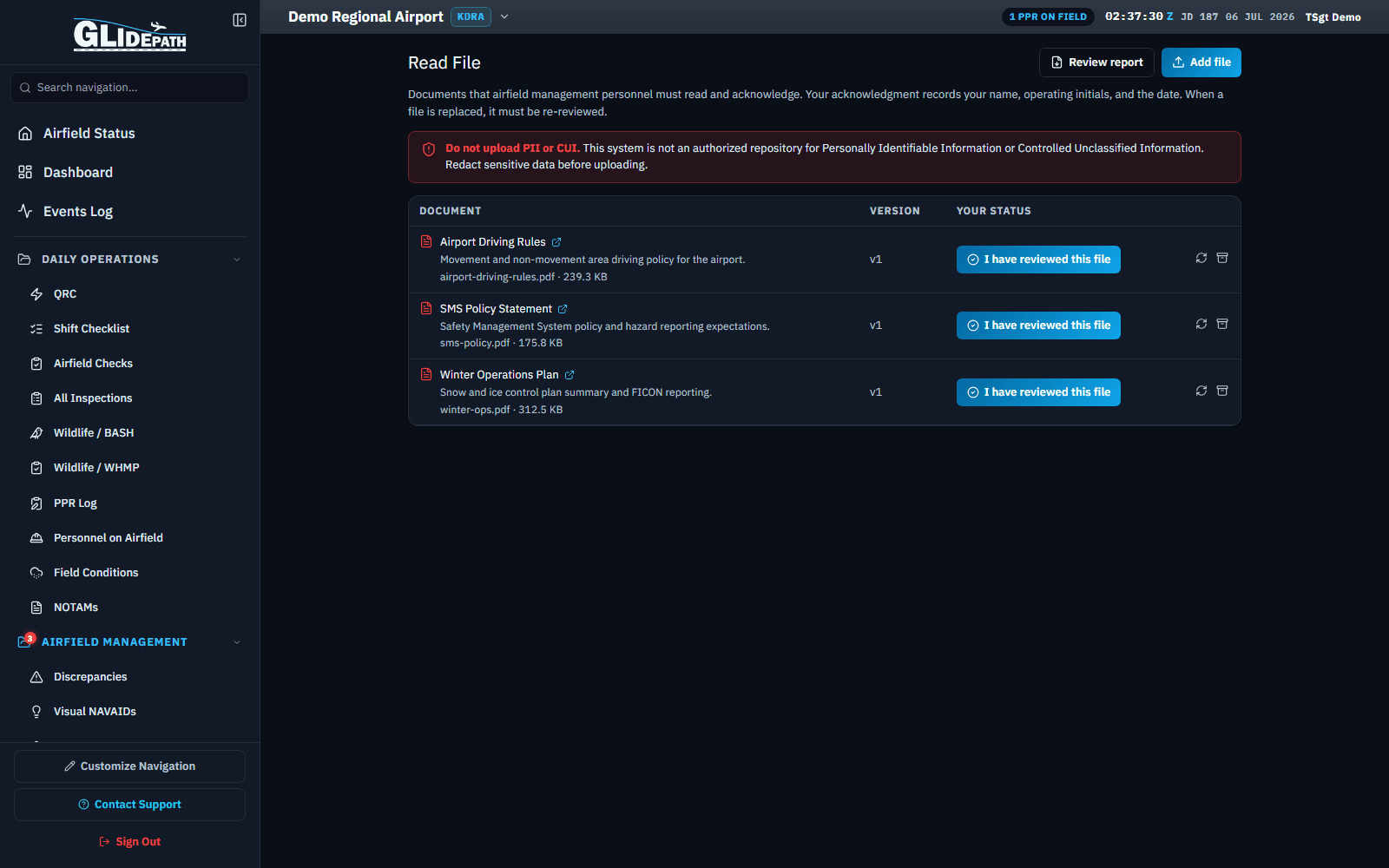 Read File screen for a demo regional airport listing routed documents and review status