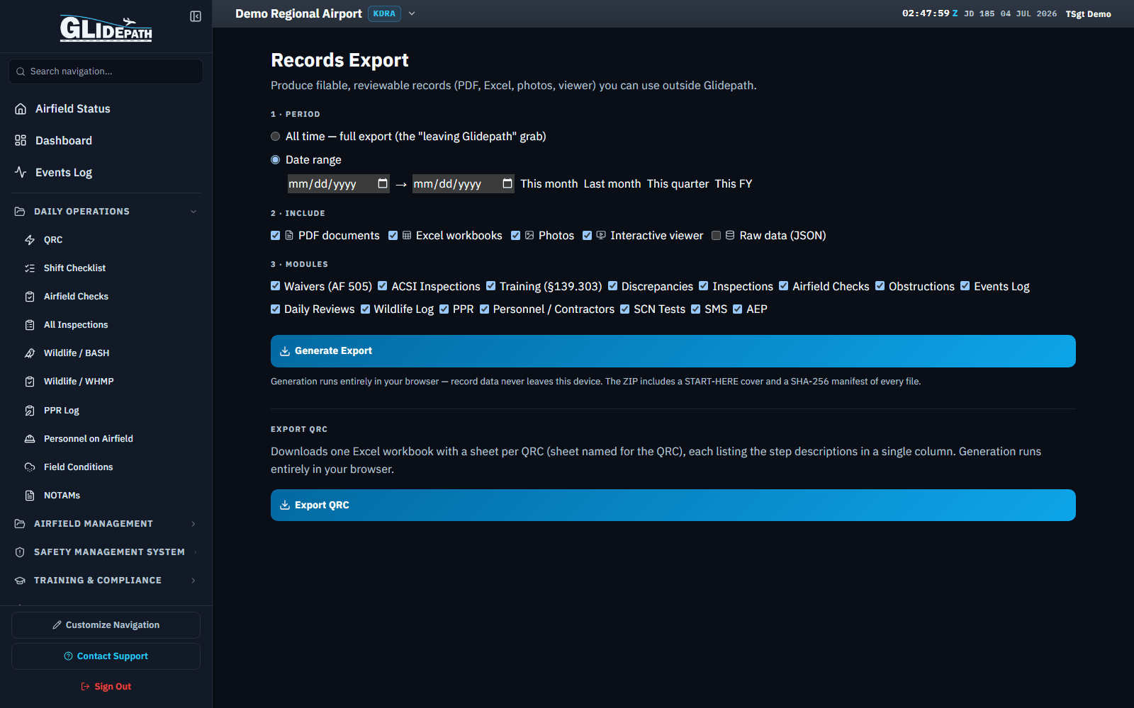 Records Export screen for a demo civilian airport, with format and module checkboxes and a Generate Export button