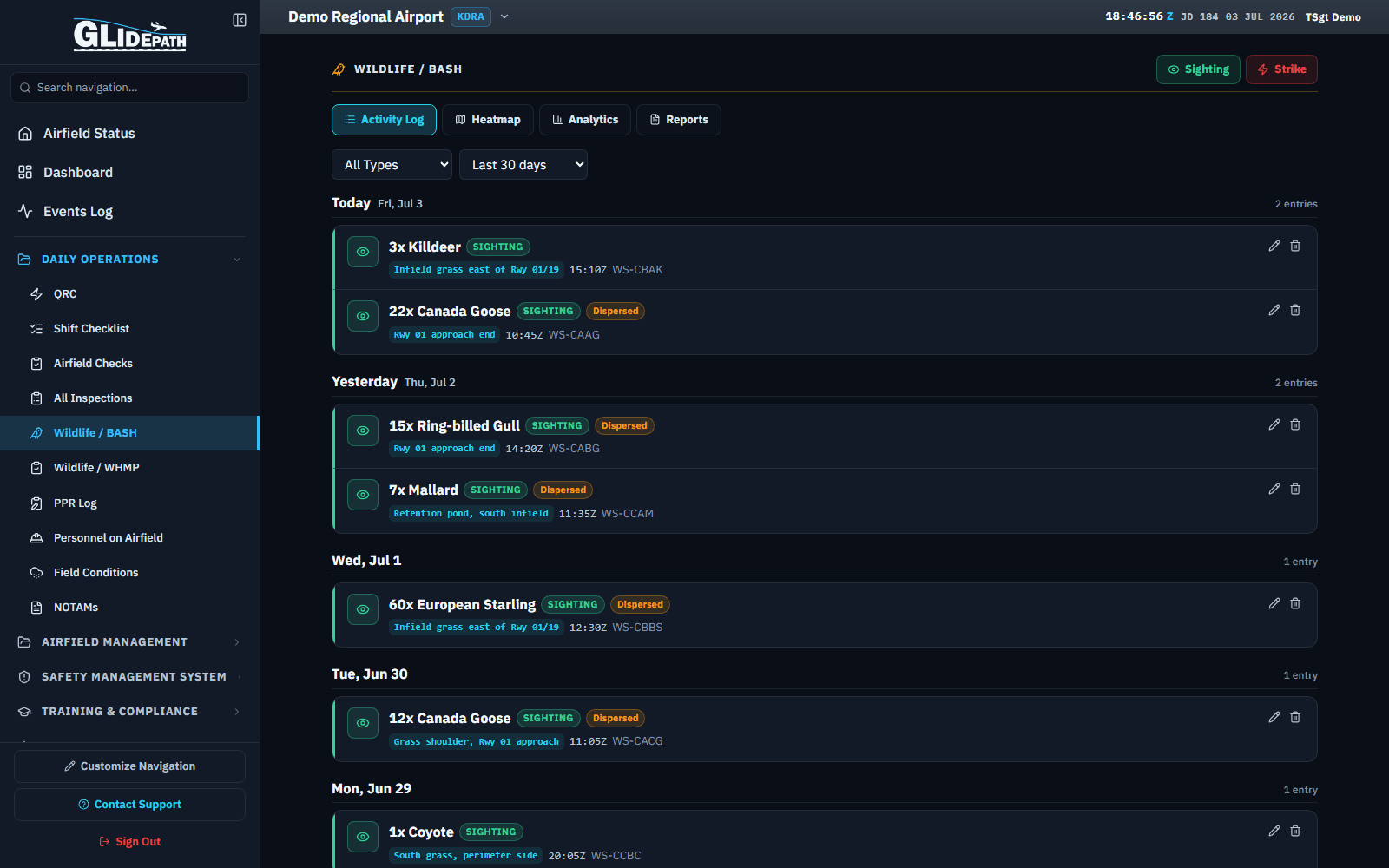 Wildlife activity log for a demo regional airport
