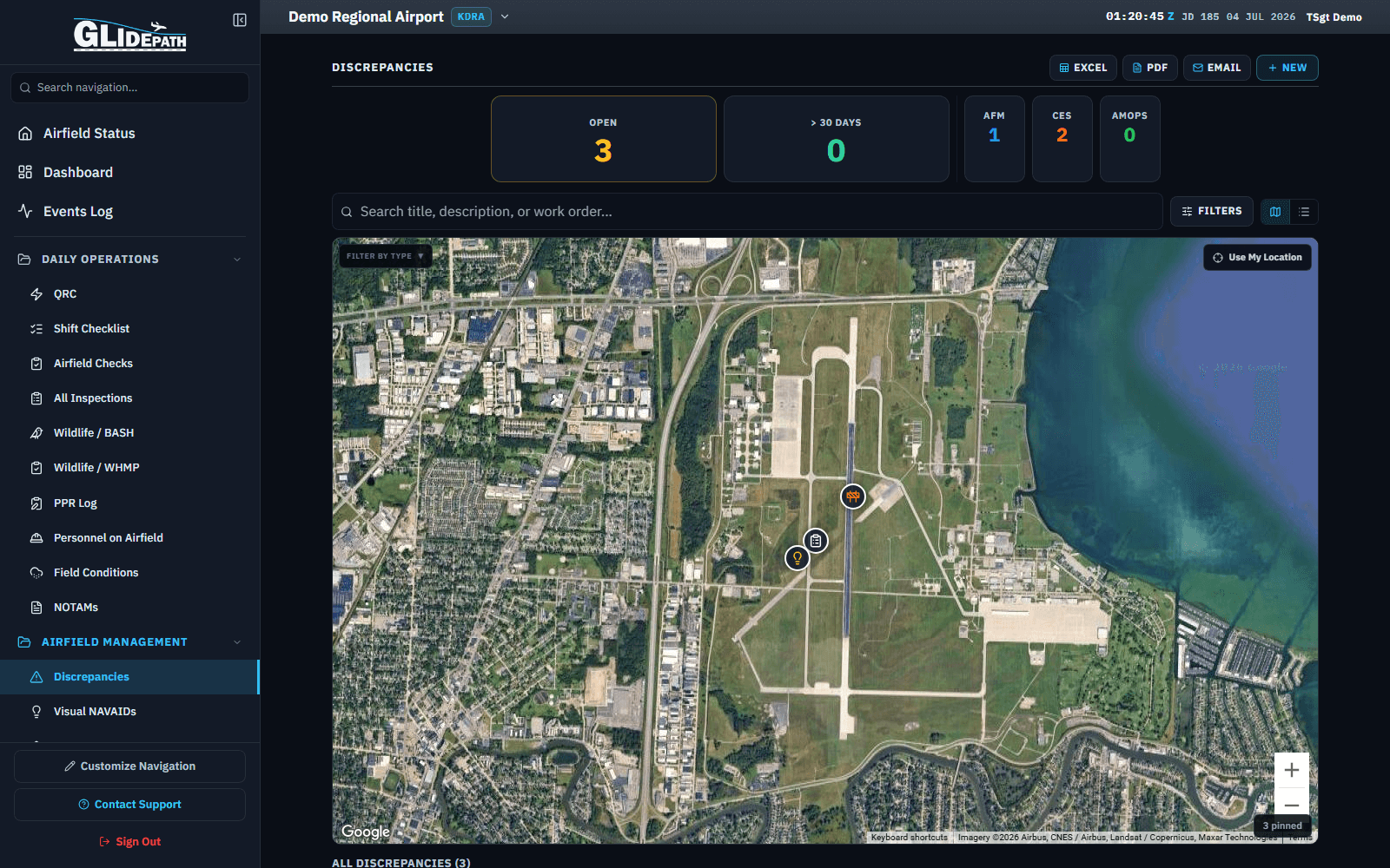 Discrepancies map for a demo regional airport