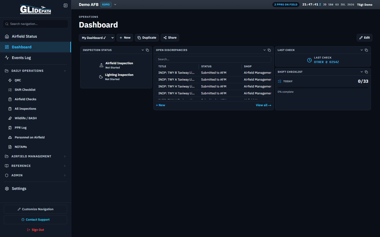 Customizable widget dashboard for a demo airfield