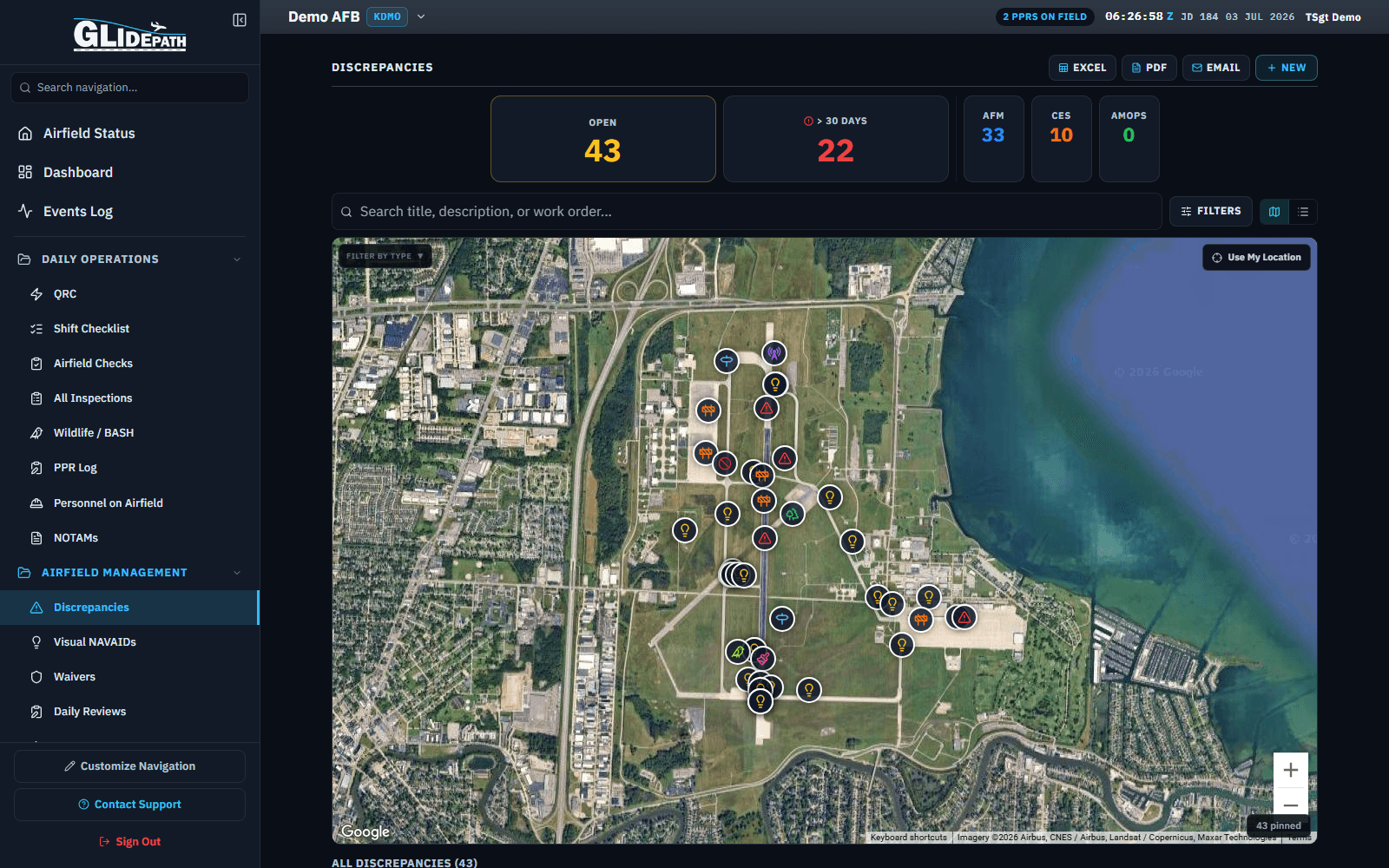 Discrepancies map for a demo airfield showing open discrepancies plotted on satellite imagery
