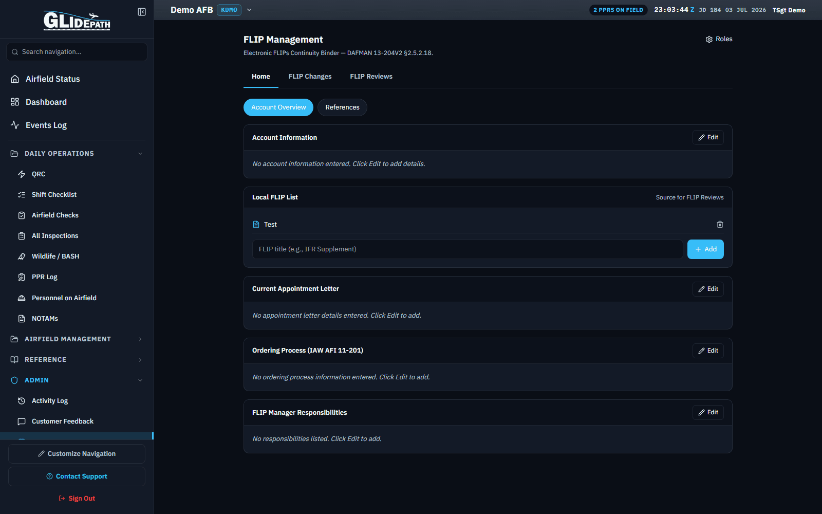 FLIP Management module for a demo airfield