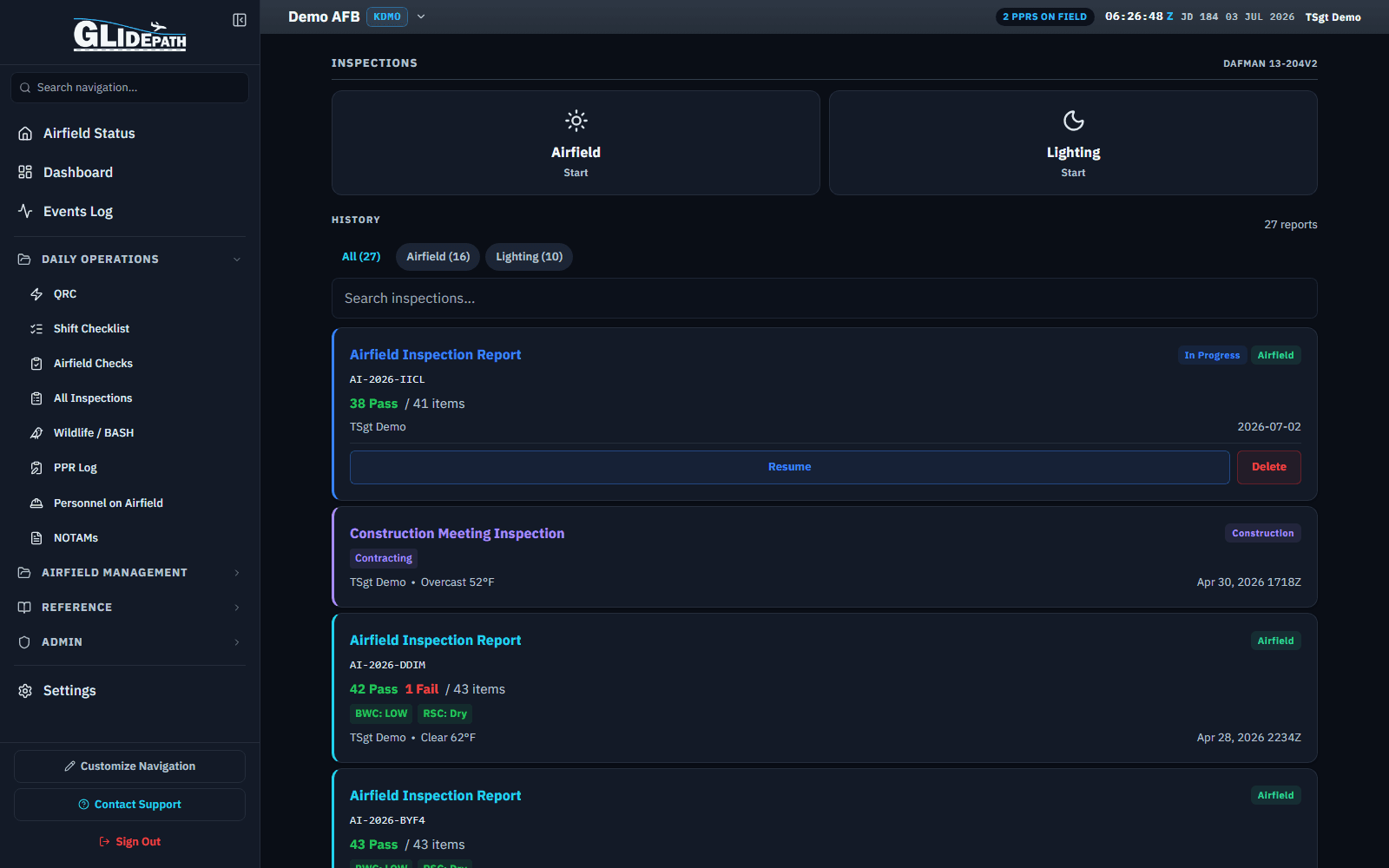 Inspections landing page for a demo airfield showing history of completed and in-progress reports