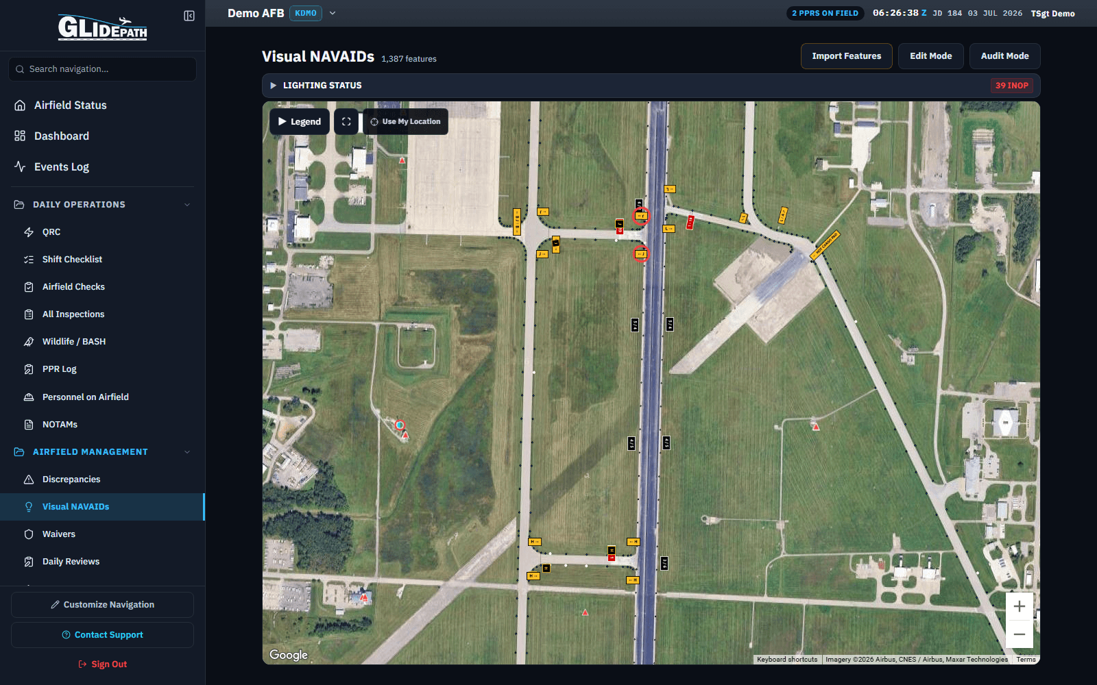 Visual NAVAIDs satellite map with lighting systems plotted