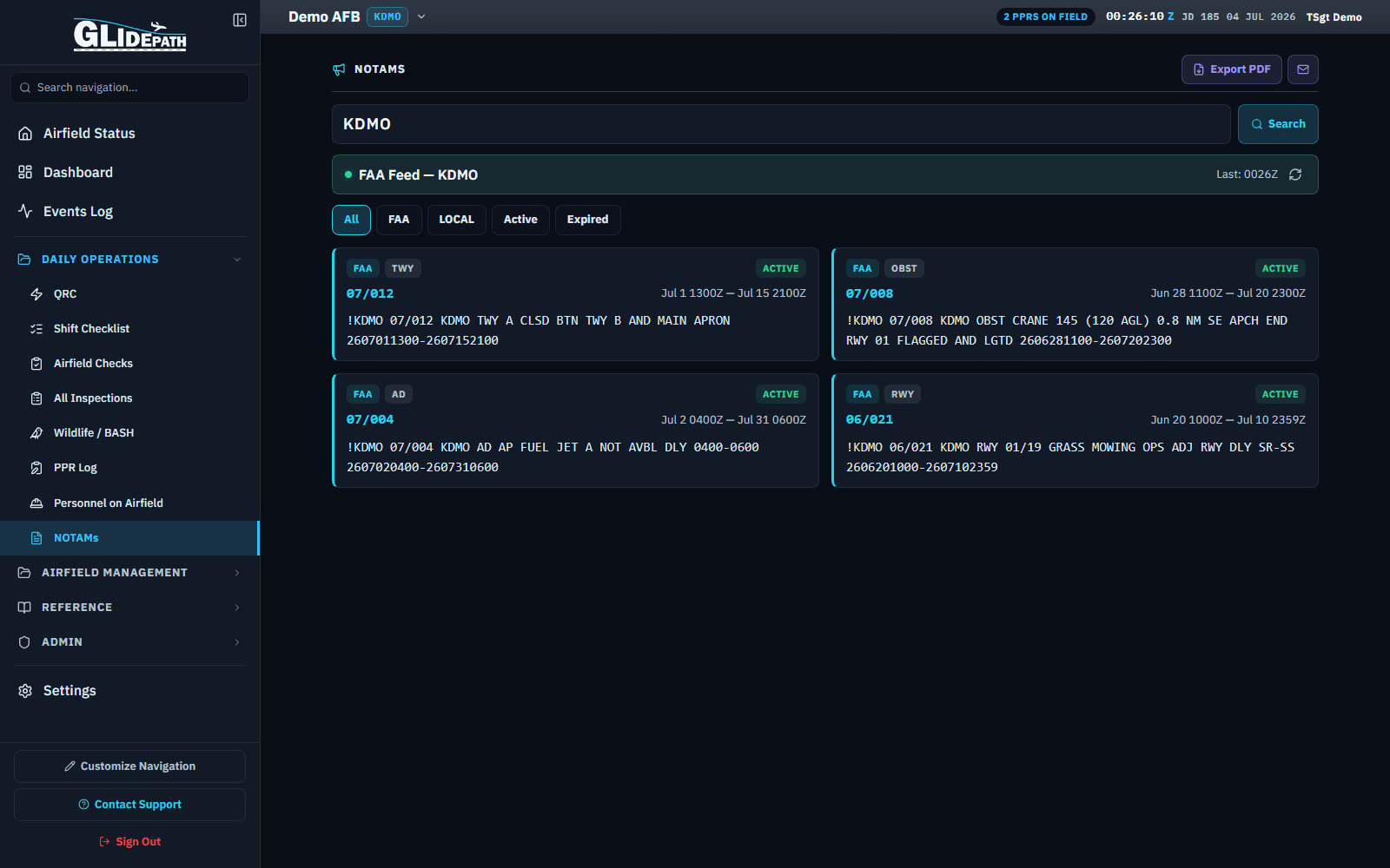 NOTAMs feed for a demo airfield