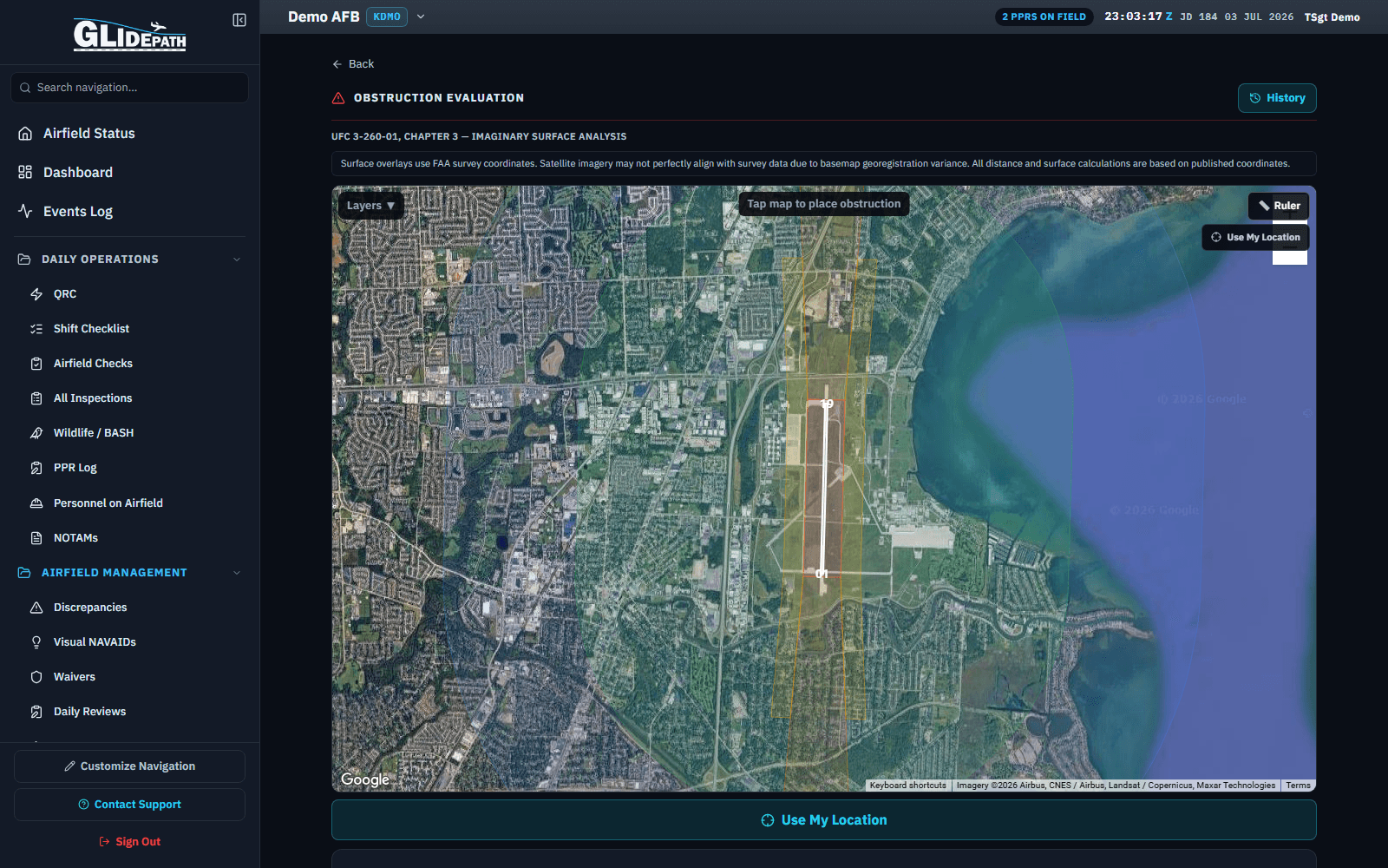 Obstruction Evaluations map for a demo airfield