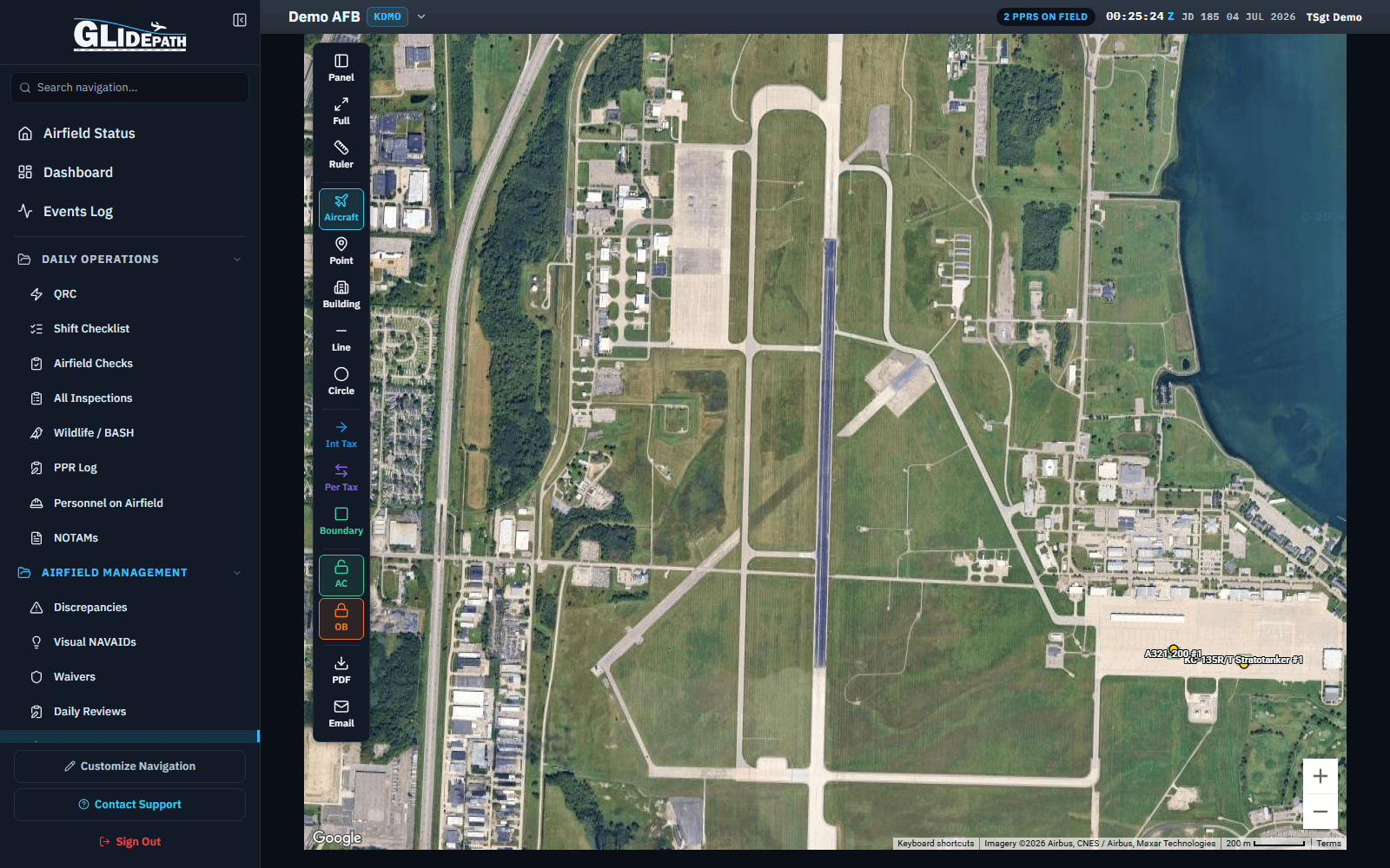 Satellite parking plan for a demo military airfield with drawing tools and placed aircraft