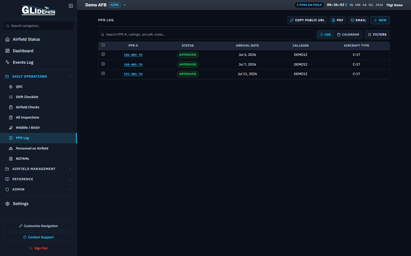 PPR log for a demo airfield