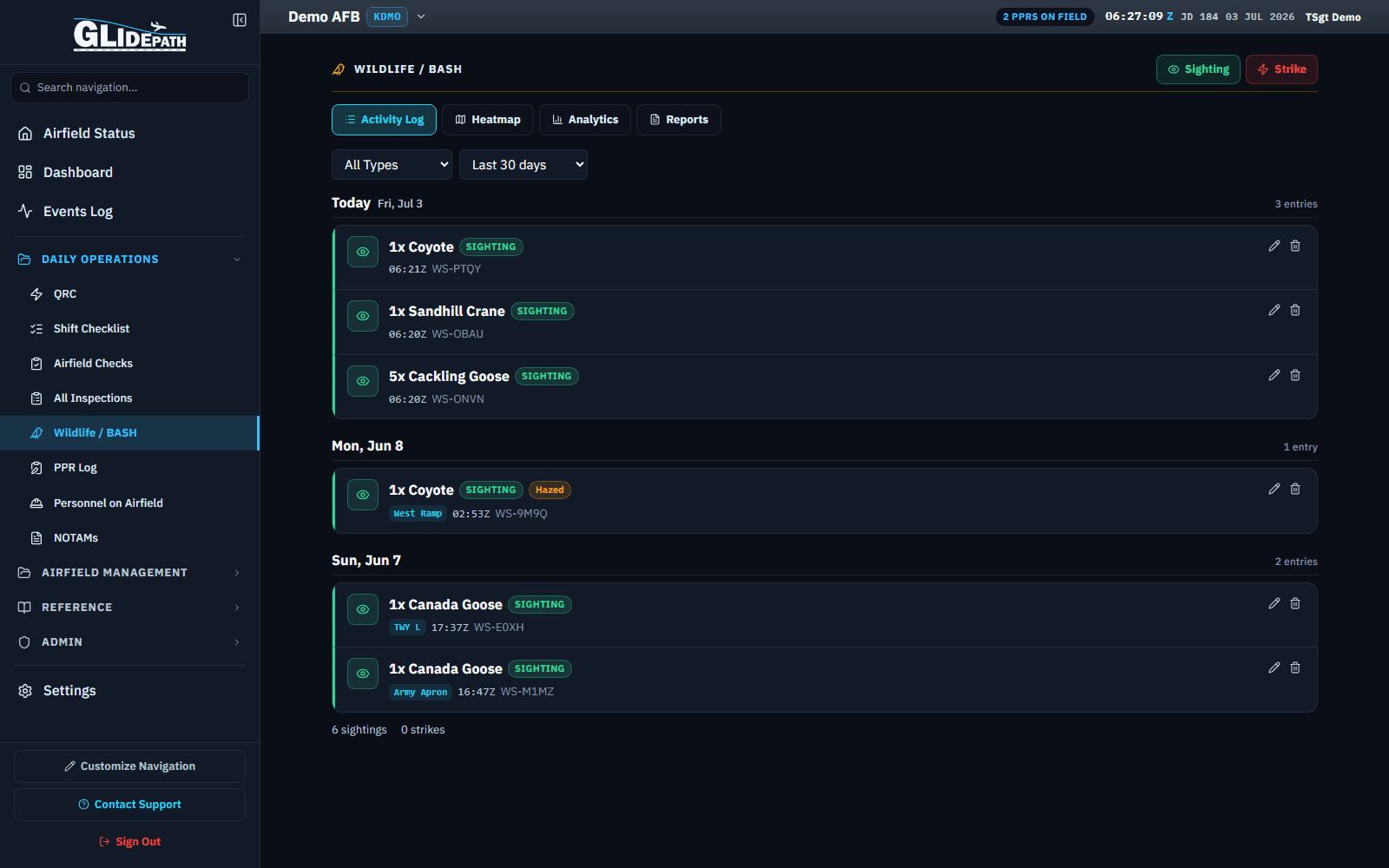 Wildlife / BASH activity log for a demo airfield