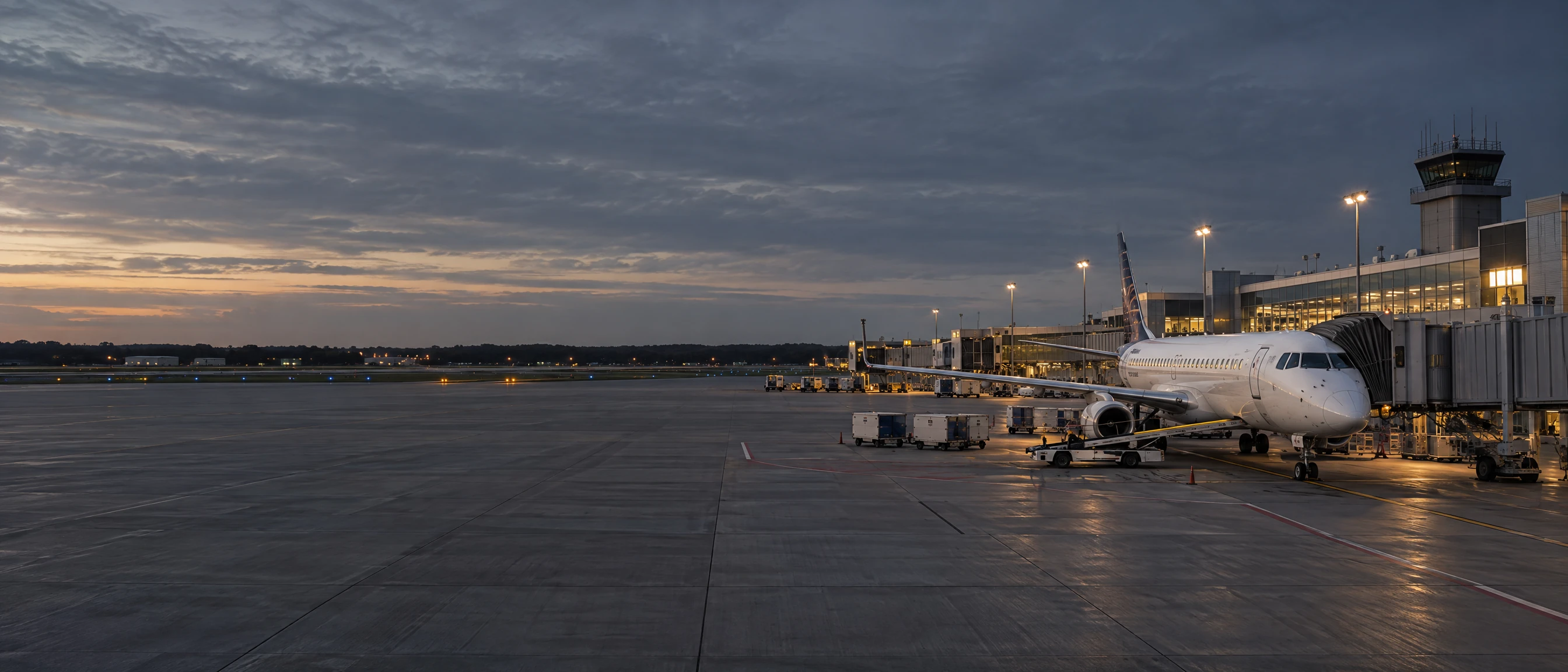 A civilian passenger jet parked at a regional airport terminal at dusk, with illuminated windows, a control tower, baggage equipment, and an open apron.