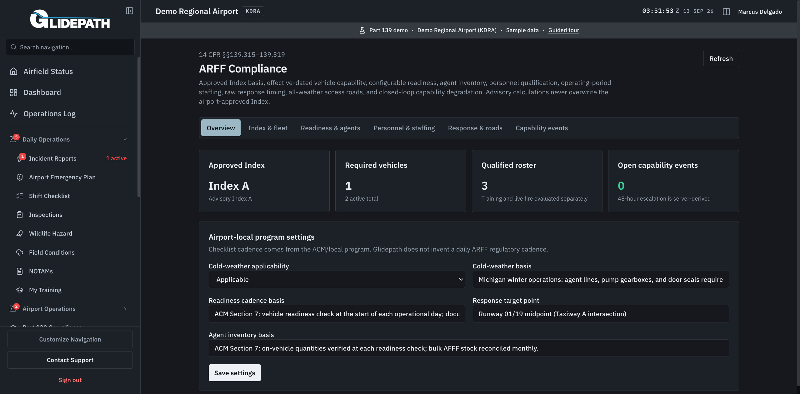 Glidepath ARFF Compliance overview with approved Index, response fleet, readiness, staffing, response and roads, and capability events. Demo airport data.