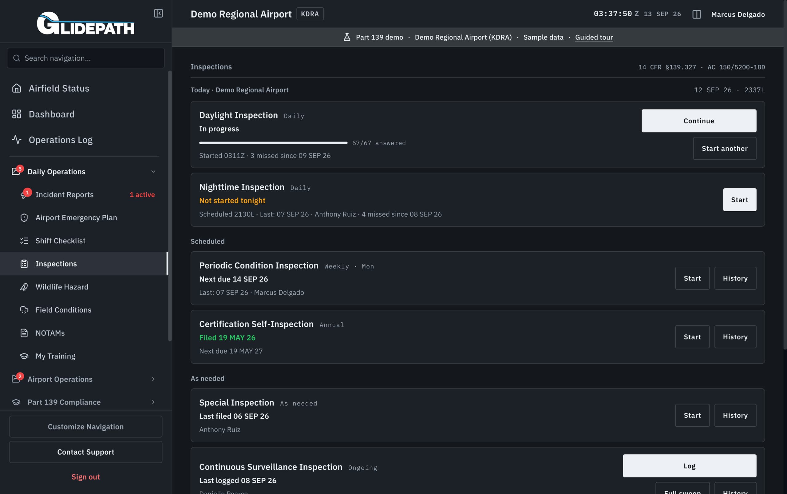 Glidepath inspections overview listing today’s daylight and nighttime daily inspections, a scheduled periodic condition inspection, and as-needed special and continuous surveillance inspections. Demo airport data.