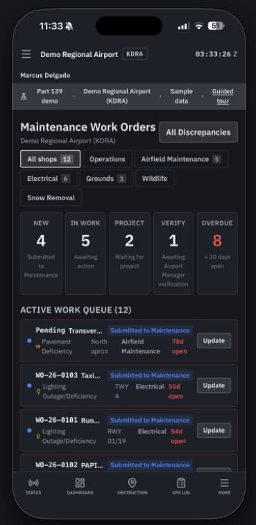 Glidepath civilian maintenance work orders on a phone, with shop filters, status counts, and the active work queue. Demo airport data.