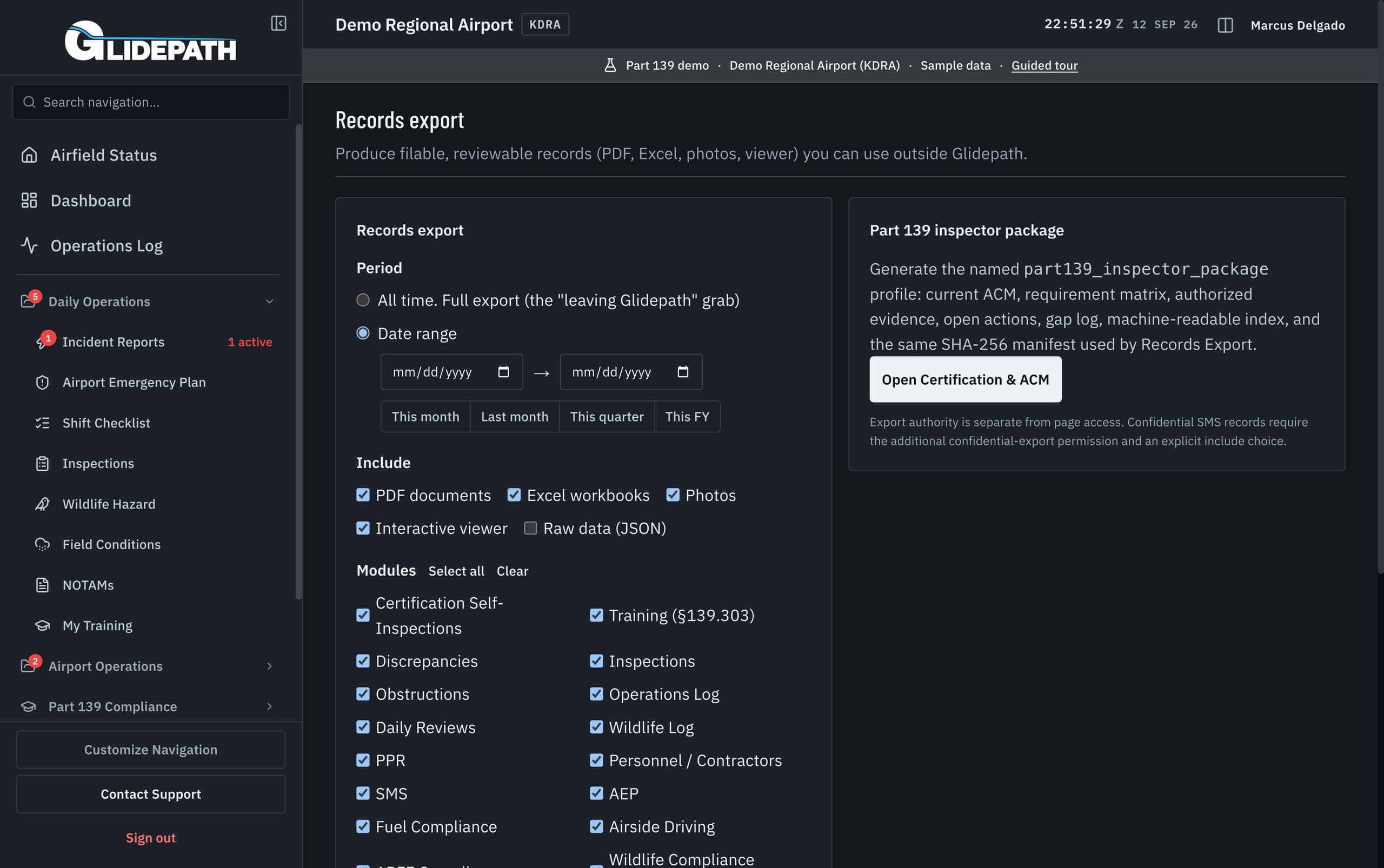 Glidepath records export screen with a date range, PDF, Excel, photo, and interactive viewer options, and a list of modules to include. Demo airport data.