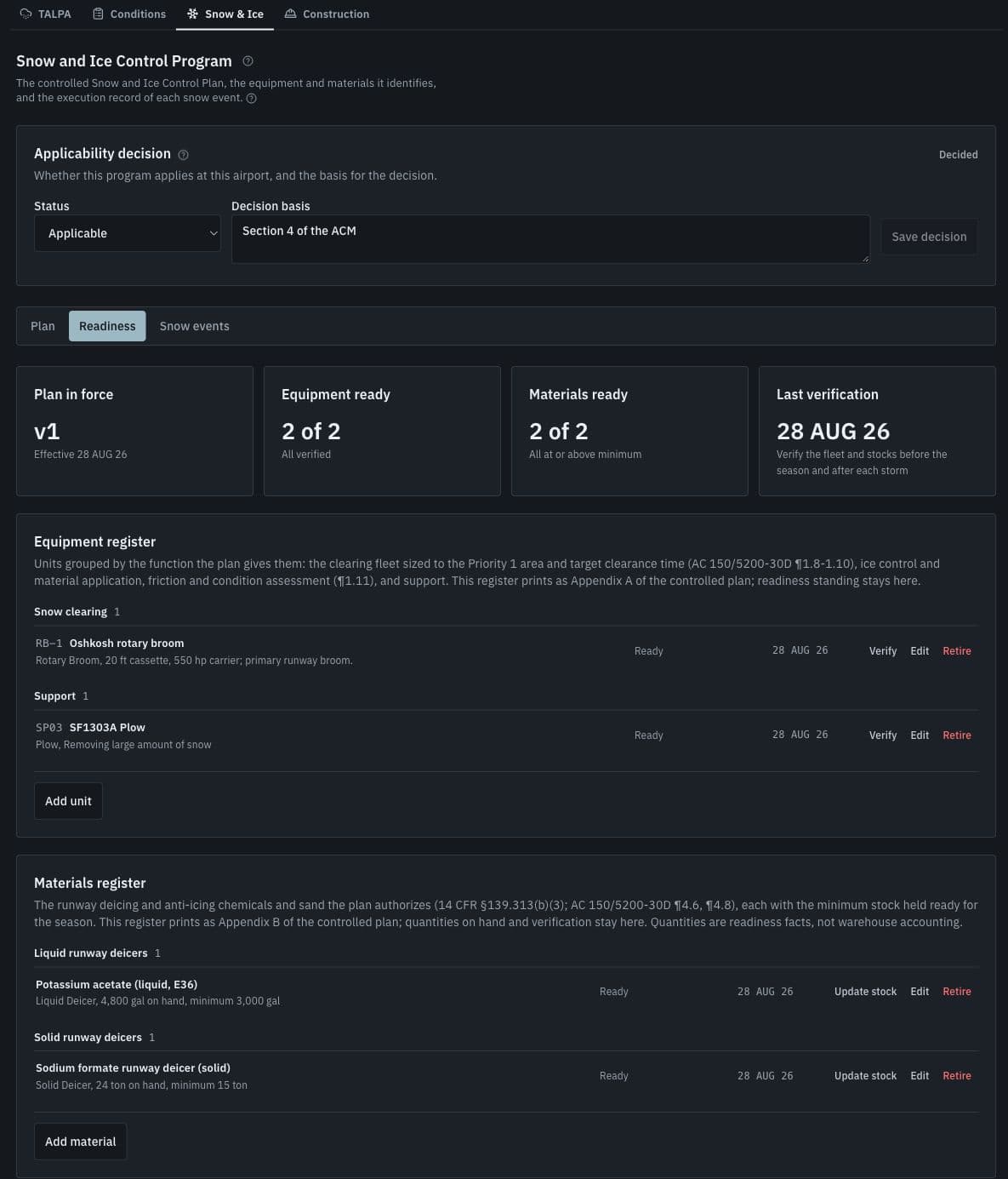 Civilian demo Snow and Ice Control Program, Readiness tab, with the active plan, two verified equipment units, and two materials above their minimum stock.