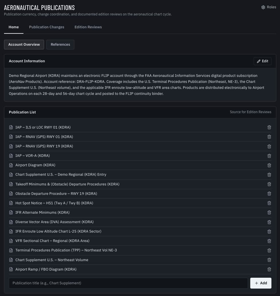 The aeronautical publications list: the airport's approach plates, diagram, and Chart Supplement entries tracked as the source for edition reviews.