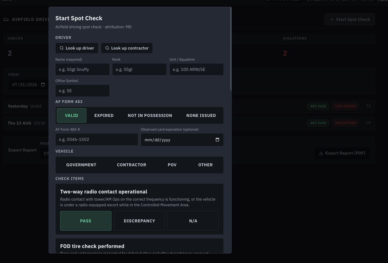 A driving spot check being started: driver lookup, AF Form 483 status, vehicle type, and graded check items beginning with two-way radio contact.