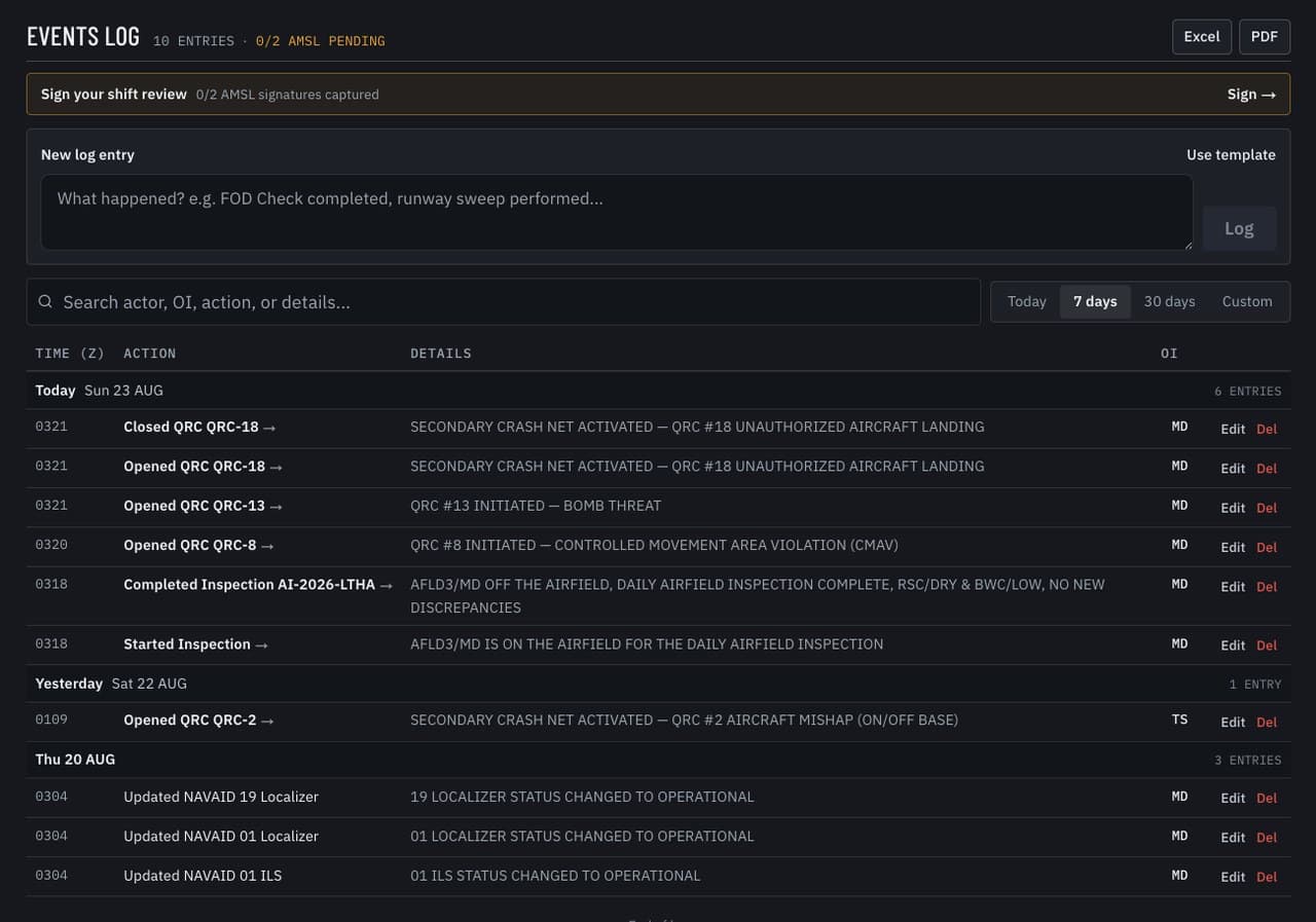 The events log writing itself: SCN completion, QRC activation, obstruction evaluations, and runway status changes captured with Zulu times and initials.