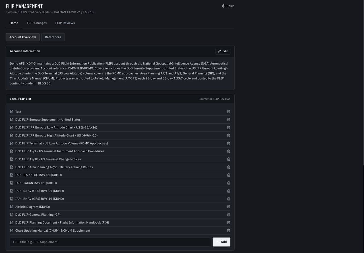 FLIP Management: the electronic FLIPs continuity binder with the AMPS account and the local FLIP list that feeds FLIP reviews.