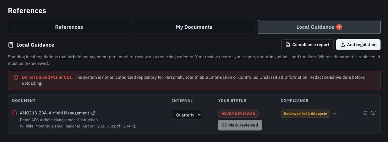 Local Guidance in References: a standing local instruction on a quarterly re-review cadence, with per-person review status and the cycle's compliance count.