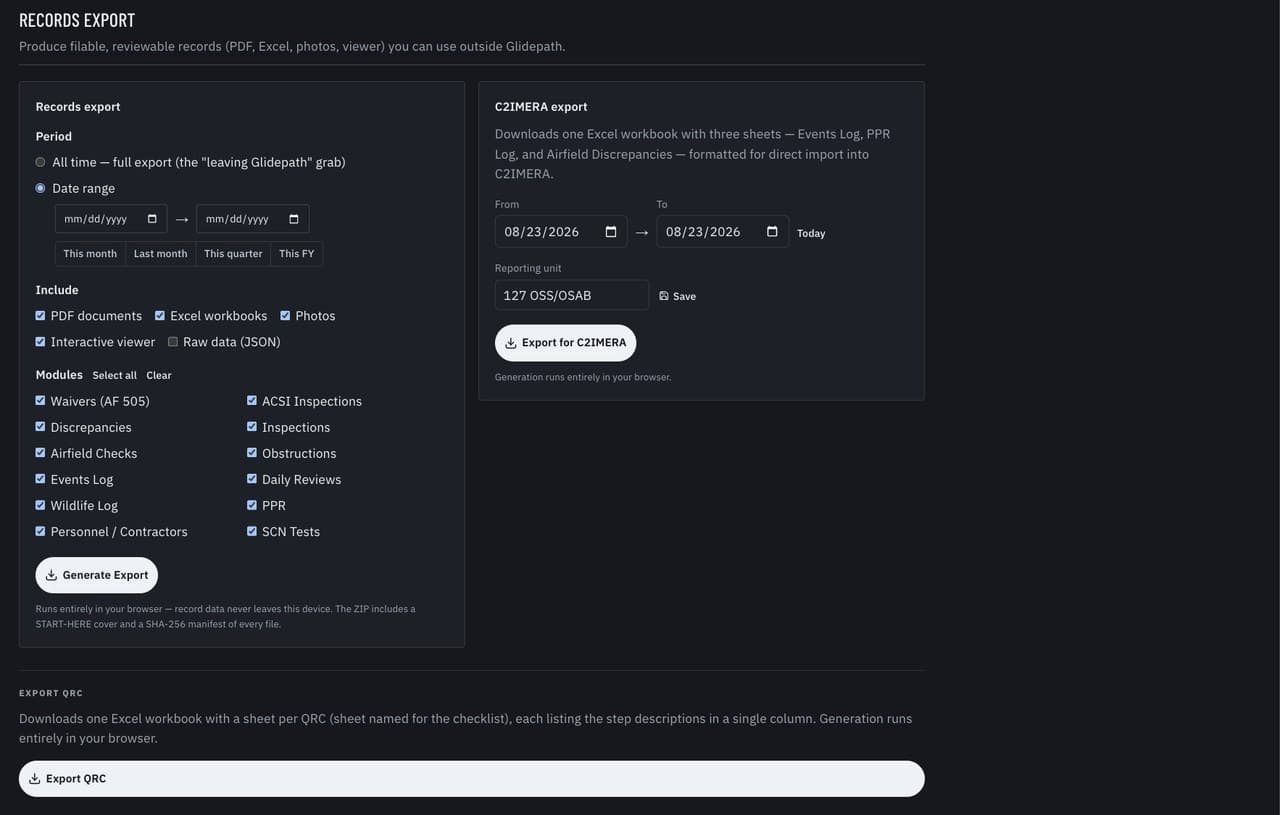 Records Export: choose a period, formats, and modules; generation runs entirely in the browser with a manifest of every file.
