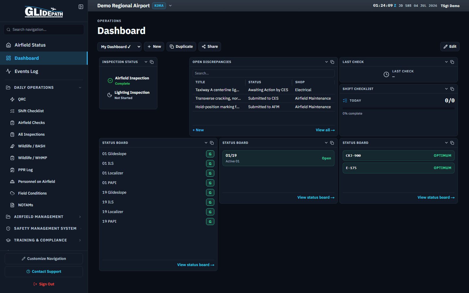 Customizable widget dashboard for a demo regional airport