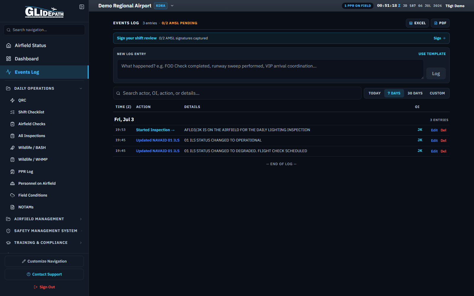 Events Log for a demo regional airport