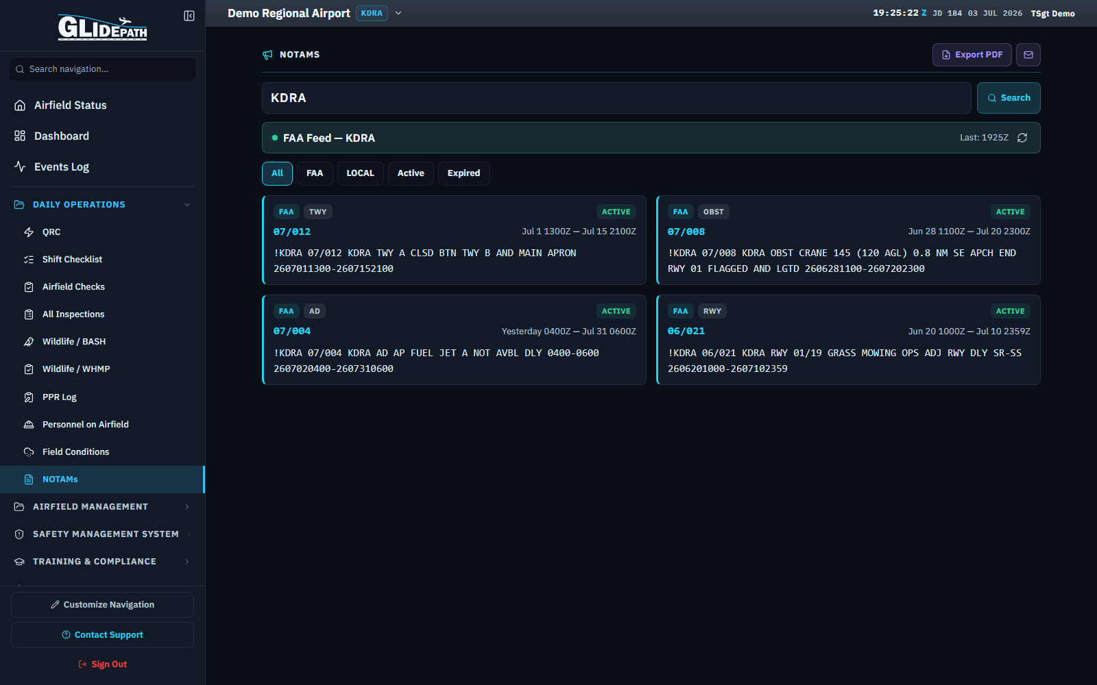 NOTAMs feed for a demo regional airport
