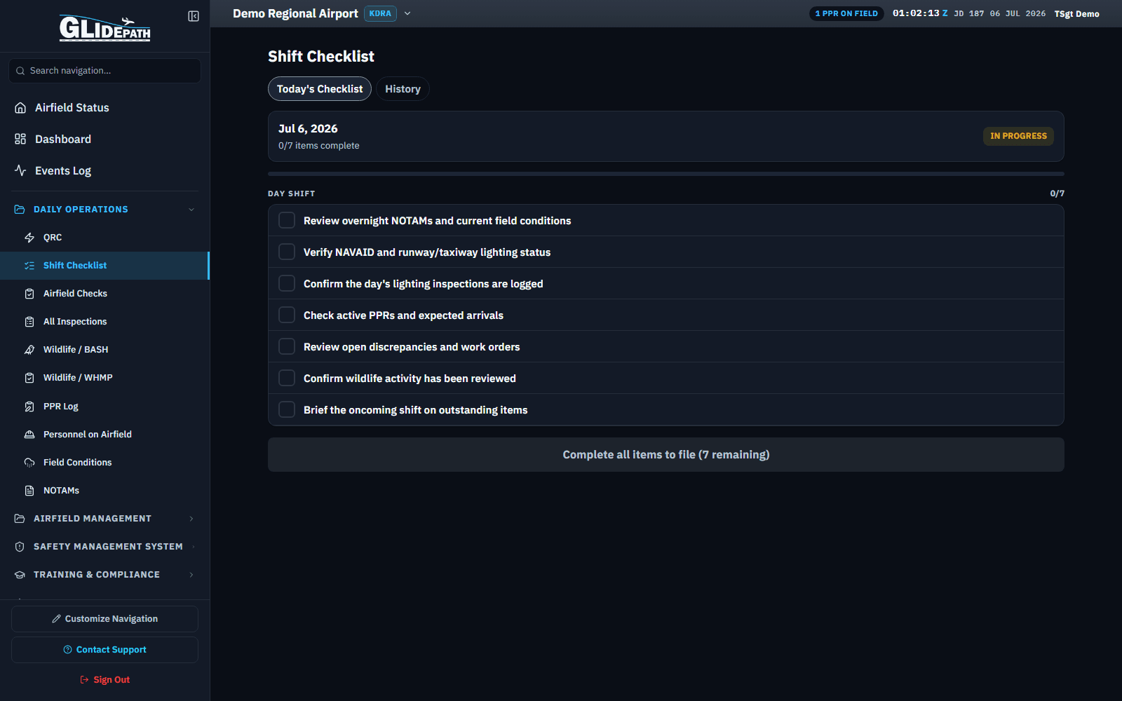 Shift Checklist for a demo regional airport, Today's Checklist tab