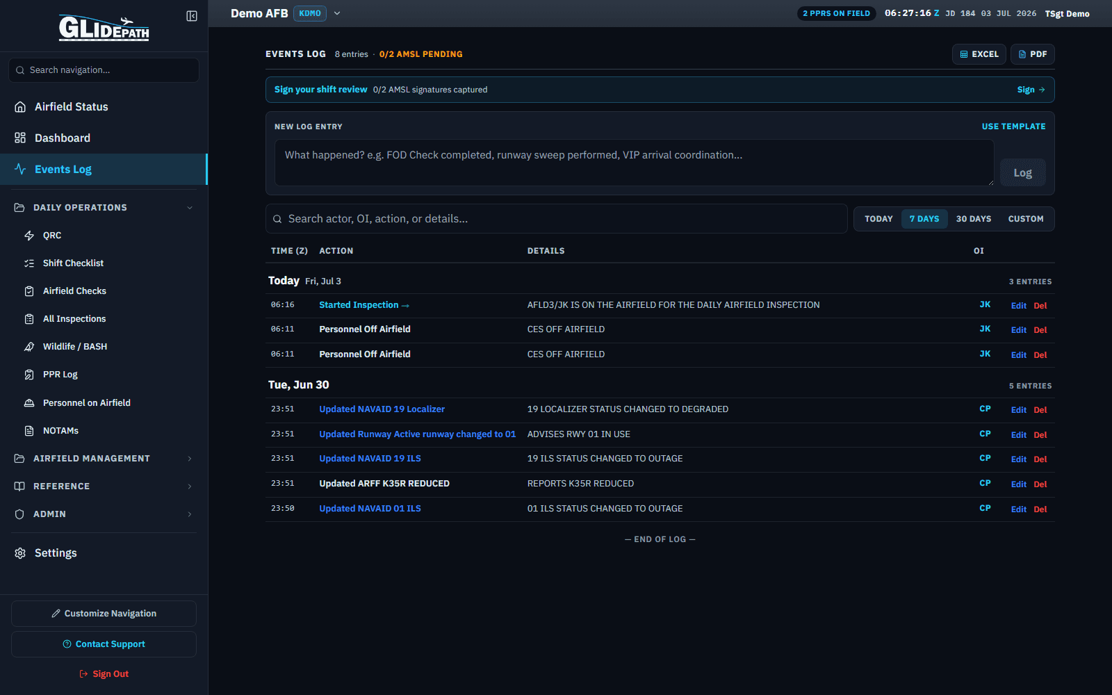 Events Log for a demo airfield