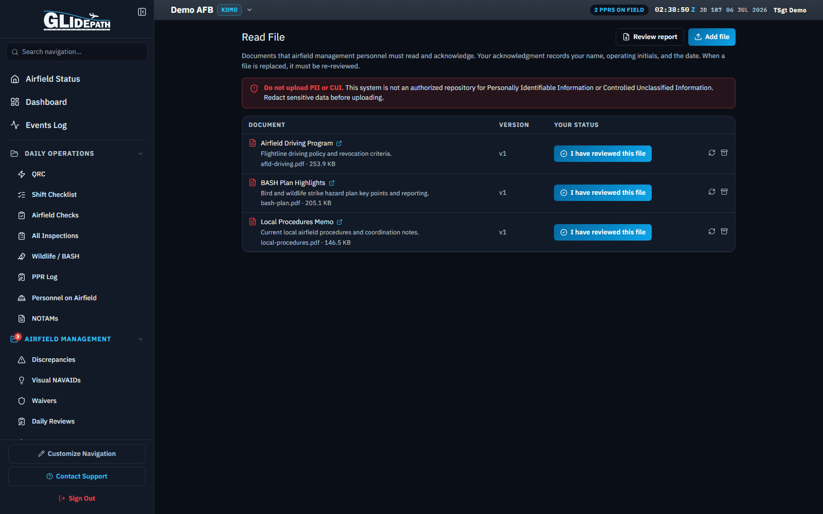 Read File screen for a demo airfield listing routed documents and review status
