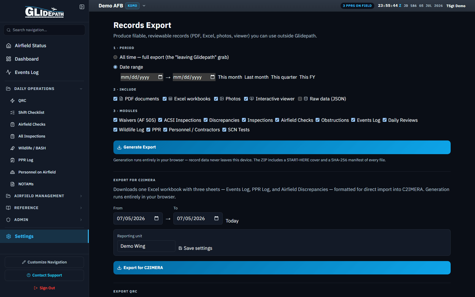 Records Export builder for a demo Air Force base with period, format, and module selections